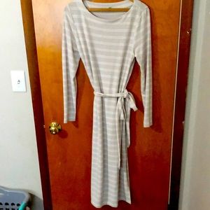3/4 length form fitting gray and white striped dress